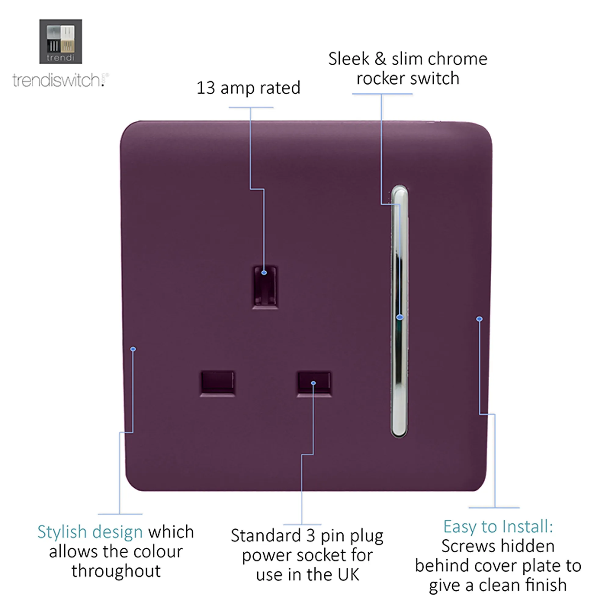 1 Gang 13Amp Switched Single Socket Plum ART-SKT13PL  Trendi Plum